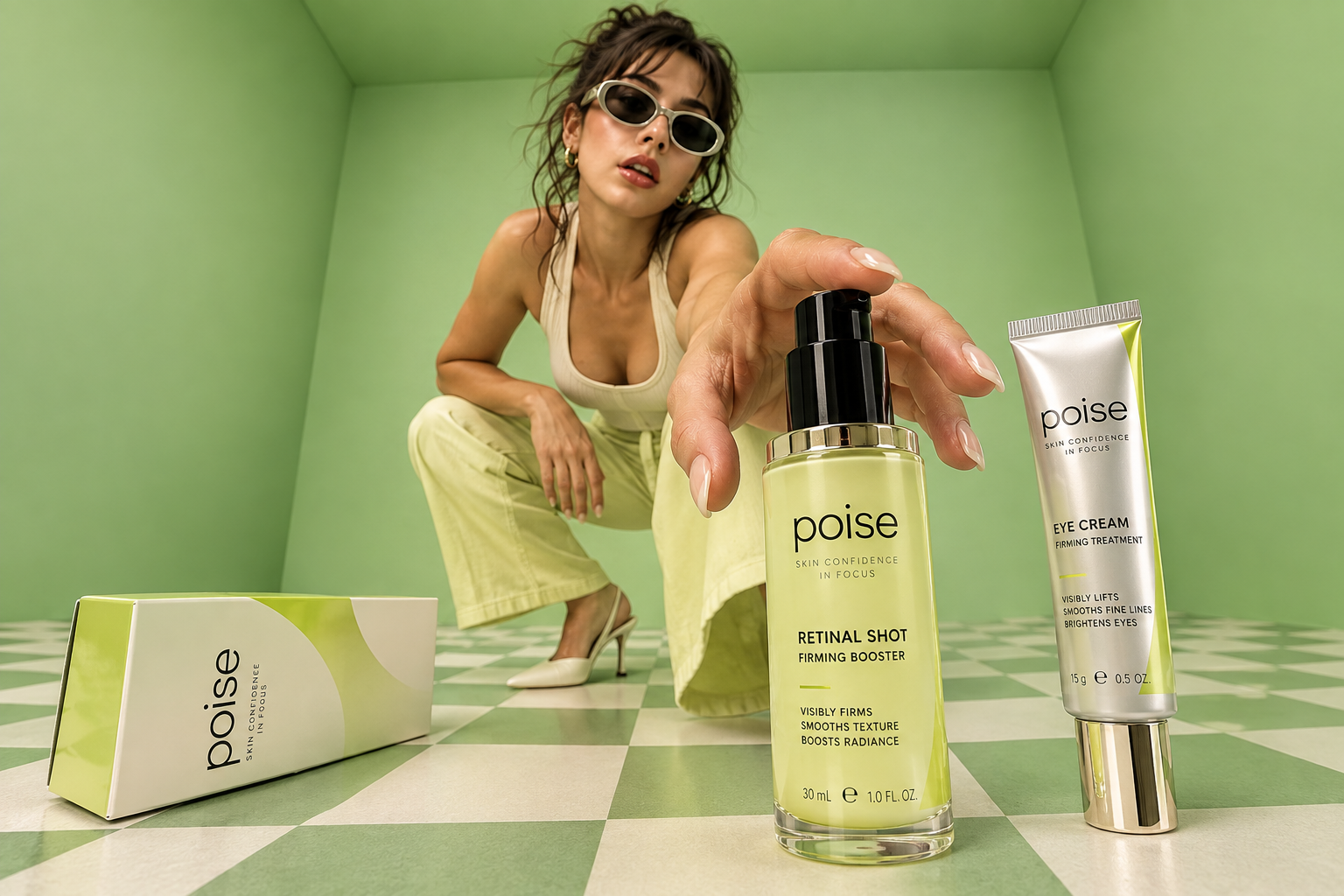 Poise Retinal Shot and Eye Cream on a green checkered floor with a model reaching for the bottle
