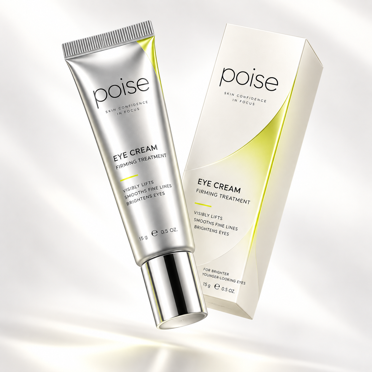 Poise Eye Cream firming treatment tube beside its carton