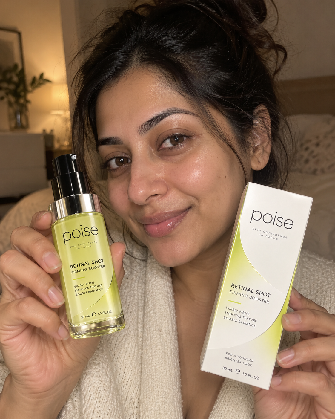 Priya holding Poise Retinal Shot Firming Booster